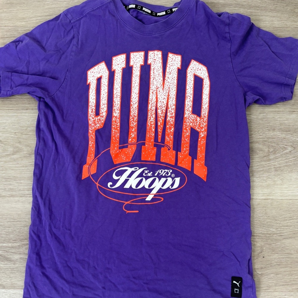 Puma Hoops Graphic T-Shirt Purple Est 1973 Basketball Short Sleeve Tee
